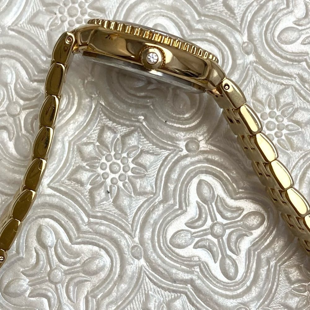 DMQ Diamonique CZ Bezel Mother of Pearl Dial Gold-Tone Dress Watch - Picture 11 of 16